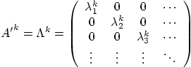 \begin{displaymath}
{A'}^k = \Lambda^k =
\left(
\begin{array}{cccc}
\lam...
...vdots & \vdots & \vdots & \ddots \\
\end{array}
\right)
\end{displaymath}