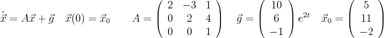 \begin{displaymath}
\dot {\vec x} = A \vec x + \vec g
\quad \vec x(0) = \vec x...
...0 = \left( \begin{array}{c} 5 \\ 11 \\ -2 \end{array} \right)
\end{displaymath}