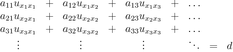 \begin{displaymath}
\begin{array}{ccccccccc}
a_{11} u_{x_1x_1} &+& a_{12} u_...
...\
\vdots && \vdots && \vdots && \ddots &=& d
\end{array}
\end{displaymath}