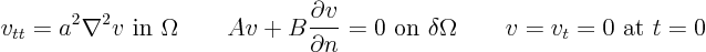 \begin{displaymath}
v_{tt} = a^2 \nabla^2 v \mbox{ in } \Omega
\qquad
A v ...
...box{ on } \delta\Omega
\qquad
v = v_t = 0 \mbox{ at } t=0
\end{displaymath}