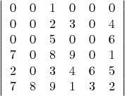 \begin{displaymath}
\left\vert
\begin{array}{cccccc}
0 & 0 & 1 & 0 & 0 & 0 \\...
... & 6 & 5 \\
7 & 8 & 9 & 1 & 3 & 2
\end{array} \right\vert
\end{displaymath}