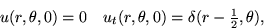 \begin{displaymath}
u(r,\theta,0) = 0 \quad
 u_t(r,\theta,0) = \delta(r-{\textstyle\frac12},\theta),\end{displaymath}