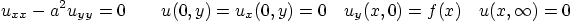 \begin{displaymath}
u_{xx} - a^2 u_{yy} = 0 \qquad
u(0,y)=u_x(0,y)=0\quad u_y(x,0)=f(x) \quad u(x,\infty)=0
\end{displaymath}