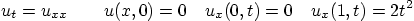 \begin{displaymath}
u_{t} = u_{xx}
\qquad u(x,0)=0
\quad u_x(0,t)=0 \quad u_x(1,t)=2 t^2
\end{displaymath}