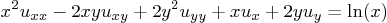 \begin{displaymath}
x^2 u_{xx} - 2xy u_{xy} + 2y^2 u_{yy} + x u_x + 2y u_y = \ln(x)
\end{displaymath}