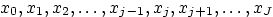 $x_0,x_1, x_2, \ldots, x_{j-1}, x_j, x_{j+1}, \ldots, x_J$