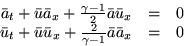 \begin{displaymath}
\begin{array}
{rcl}
 \bar a_t + \bar u \bar a_x + \frac{\gam...
 ...bar u_x + \frac2{\gamma-1} \bar a \bar a_x & = & 0
 \end{array}\end{displaymath}