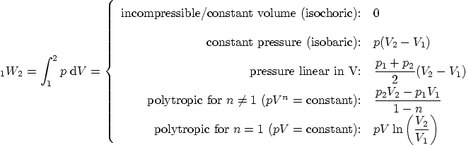 \begin{displaymath}
\vphantom{W}_1W_2 = \int_1^2 p \; {\rm d} V =
\left\{
...
...1}} pV\ln\left(\frac{V_2}{V_1}\right)
\end{array}
\right.
\end{displaymath}