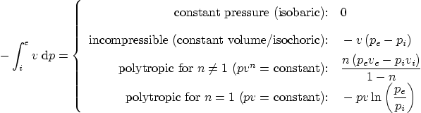 \begin{displaymath}
- \int_i^e v \; {\rm d} p =
\left\{
\begin{array}{rl}
...
...- p v \ln\left(\frac{p_e}{p_i}\right)
\end{array}
\right.
\end{displaymath}