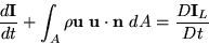 \begin{displaymath}
\frac{d{\bf I}}{dt} +
 \int_A \rho{\bf u}\ {\bf u} \cdot {\bf n}\ dA =
 \frac{D{\bf I}_L}{Dt}\end{displaymath}