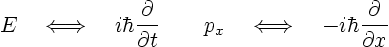 \begin{displaymath}
E\quad\Longleftrightarrow\quad
i\hbar\frac{\partial}{\pa...
...ongleftrightarrow\quad
-i\hbar\frac{\partial}{\partial x} %
\end{displaymath}