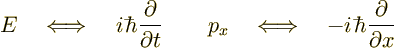 \begin{displaymath}
E\quad\Longleftrightarrow\quad
i\mathchoice
{{\textstyl...
...mu h}{{}^{{\rm -}}\mkern-12mu h}\frac{\partial}{\partial x} %
\end{displaymath}