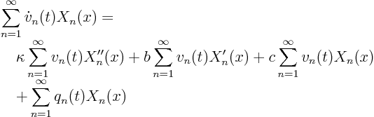 \begin{displaymath}
\begin{array}{l}
\displaystyle
\sum_{n=1}^\infty \dot ...
...isplaystyle
+ \sum_{n=1}^\infty q_n(t) X_n(x)
\end{array}
\end{displaymath}