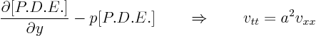 \begin{displaymath}
\frac{\partial [P.D.E.]}{\partial y} - p [P.D.E.] \quad\quad\Rightarrow\quad\quad
v_{tt} = a^2 v_{xx}
\end{displaymath}